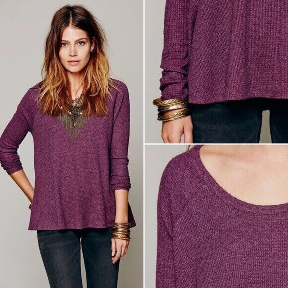 Free People Waffle Knit Thermal Long Sleeve Top Rockabilly Raglan Purple Boho XS - Picture 2 of 12